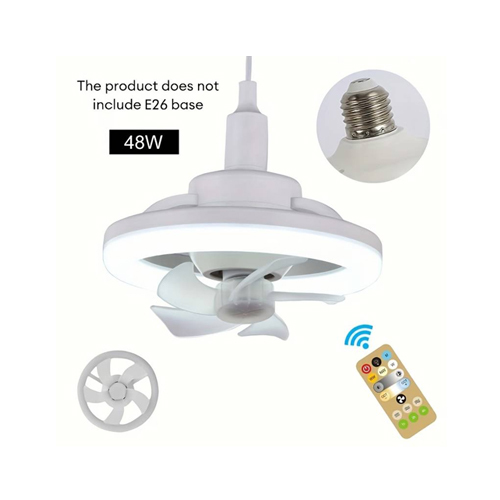 48W Small Modern Ceiling Fan with Light & Remote - 360°No Wiring Needed - 1: [New Function Upgrade] - The upgraded fan bulb has memory function. When turning off the lamp with the switch, wait more than 7 seconds, then turn on the lamp; The lamp fan will maintain the previous setting. If you use the remote control to turn off the lamp and use the remote control to turn on the lamp, the lamp fan always keeps the last setting, and the interval between rotating the lamp is unlimited. It can provide air in... 2: [E27 Base] The fan lamp uses a standard E27 screw socket, which can be easily installed on any 27 bulb base. Installation and replacement are very easy. 3: [Safety] The ceiling fan adopts a cage casing, which is more than ordinary ceiling fans with exposed blades, especially for low ceilings and bunk beds, which can protect children from the danger of blade impact. 4: Easy to operate - Both the remote control and switch can control the lamp fan, the fan lamp has three modes, fan, LED, fan and light work together. Through the remote control it is also possible to achieve dimming, change the color temperature timing (3000K-6500K) and change the fan speed. 5: Application - Our ceiling fan lights can be used in garages, tool rooms, etc. In addition, our fan bulbs offer three fan speeds (soft, medium and strong), which you can adjust through the remote control to meet your needs. For example, in summer, it is difficult to install a ceiling lamp fan in the garage. However, the weather is very hot. Our ceiling fan bulbs are a good choice. With lamp holder, it can work well the color is white Material: ABS + PP Package Contents: 1 x fan light 1 x Remote control Only the above package content, other products are not included. Note: Light reflection and different displays may cause the color of the item in the picture a little different from the real thing. The measurement allowed error is +/- 1-3cm.