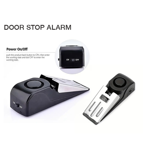 Portable Door Stop Alarm 1000 - Secure Your Home or Apartment Anywhere with This Portable Door Stop Alarm! 
3 Sensitivity Levels - Low - Medium - High, with an adjustable sensitivity switch on the side.Very loud shrill that would definitely scare someone away with 120db alarm. Weight: 128gYou can use it as common door stopper when turn down the ON/OFF switch, hold door in open position.No installation required. Requires battery(Not include).Portable and easy way to add piece of mind when traveling or working alone.