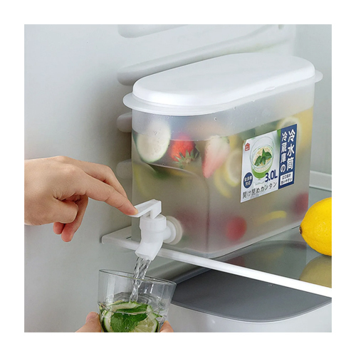 3.5L Cold Water Bucket with Faucet, Keep Your Drinks Refreshingly Cold and Delicious 1013 - A 3.5 liter cold water bucket water container. Made from plastic suitable for hot and cold water from -20°C ~ 120°C. It has a faucet to dispense water and also an internal filter to prevent water flow blockage if drinking fresh fruit juice or other drinks which may contain pulp and fibers that may cause blockage. Suitable also for storage within the refrigerator.Water Container3.5 LiterHeat Resistant -20°C ~ 120°CInternal Filter to prevent waterflow blockage from pulp and fibersFood Grade Plastic