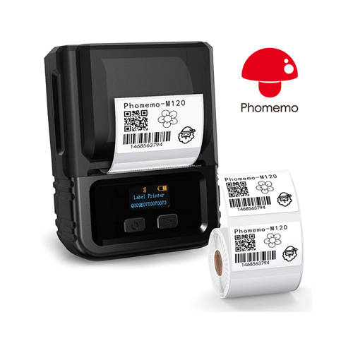 phomemo M120 Label Printer / Black - Product Description The Phomemo M120 label printer helps you solve business problems and stay organized.

Easy to Use Label Maker PrinterPhomemo M120 Label MakerMini Bluetooth Wireless Thermal Portable Label Printer, connect your mobile phone easily. There are lots of templates in the app, you can easily print any label you need, clothing labels, barcode labels, cable labels, jewelry labels, address labels, folder labels, etc. The Phomemo-M120 label width range is 20mm~50mm, the largest printable width is 48mm.
Mini Printer, 2 Inch Label MakerPortable Label Maker, Easy to Access and Easy to UseThis printer is only 86mm x 111mm x 59mm in size and weighs 225g, which can be put in your bag, and it comes and goes easily.