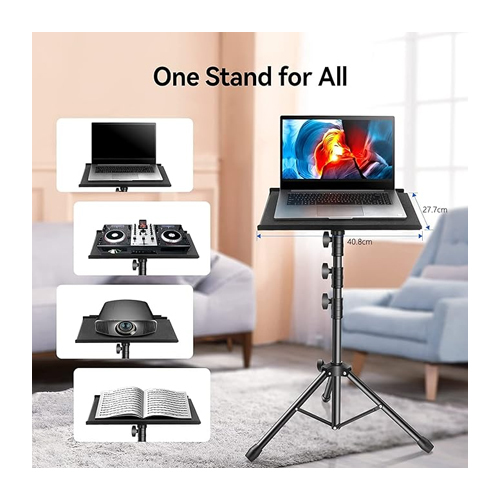 Projector stand with cooling fans 3342 - 【Portable stable lifting projection tripod】: projection tray can hold up to 5KG,Projector tray size：14*11 inches, can be freely tilted to the required Angle, support notebook computers, recorders, projectors, music, books, sound media equipment, etc. It can be carried not only in the office, for family gatherings and outdoor camping, but also by musicians, DJS, performers, engineers etc..【brake wheel】Three casters can rotate smoothly 360 degrees, and with brake function, just need to press down on the keys next to the three wheels, can be fixed to prevent sliding, need to slide only need to lift the brake pad.【Ideal height】: It can be adjusted to its ideal height. There are three sections in total that can adjust the whole height of the projector bracket. The highest height can reach 1.6m, and the lowest height is 1m.When adjusting the Angle of the mobile phone bracket, adjust the part of the brace, not directly adjust the bracket. Because the struts are hard, direct adjustment of the support may cause the support to break【Storage and Folding】: A black folding bag allows you to fold the entire projection tripod into Storage and folding. Easy to carry. After folding, you can carry it to another place or use it outdoors【Multi-functional use】:We have added a sponge pad and two elastic straps to secure the projector or other equipment to the tray - upgraded protection. A detachable mouse tray, mouse tray size: 8*6 inches, can be placed left and right according to their own habits