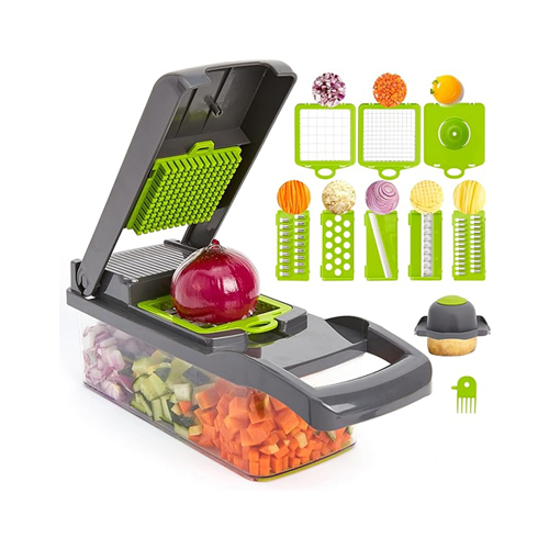 Vegetable Chopper Multifunctional 14 in 1  V200 - Superior Quality: The latest multifunctional vegetable chopper is a practical kitchen tool. The veggie chopper offers multiple functions which can chop, dice, slice or grate. The onion chopper is made of top quality materials such as high-quality 420 stainless steel blades and food grade ABS material. A storage box is equipped with, which can easy to store and ensure that you will not be injured when you take out or put in the blades.Multipurpose Blades: Vegetable Chopper Slicer contains 8 different sizes of fruit chopper blades interchangeable blades for thick/thin slicing, dicing or chunking, shredding/shredding, thick or thin, grinding and chopping. You can dice, slice vegetables, cuts curbed, curly noodles from cabbage,zucchini, cucumber, sweet potato and more.Save Time&Space: A small kitchen chopper can help you complete all the preparation work before the meal, so that you and your family enjoy a better dinner time. Free up countertop space with bottom container. The built-in cutting lid allows you to cut food directly into the large 1.5L food container, no more need for a knife and cutting board. This also prevent food from sliding off while slicing. Its compact size allows you to store it anywhere. Give the best time to stay with your family and friends.Easy to use: No more hassle of cleaning and scrubbing. It can be easily cleaned in minutes with the cleaning fork. A hand protector which can be connected with potato to prevent cutting your hands while grating. This onion chopper can replace most of your kitchen tools. All parts can be removed and placed in the dishwasher. Machine washable and the applicable temperature is 0-60 centigrade.Ideal Gift: Our vegetable chopper manual is included detailed instructions and exquisite color boxes, which are ideal for your family and friends as gifts. It's a perfect gift for your mother, wife, cooking lover, or even kitchen novice.