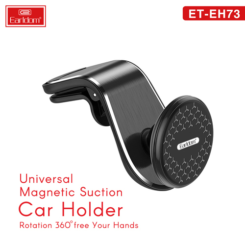 Earldom ET-EH73 Universal Magnetic Car Holder - 1. Material: ABS + Silicone + aluminum alloy 2. Surface technology: Aluminum alloy wire drawing + embossed high gloss panel 3. Package size: 120 * 120 * 41mm 4. Weight: 92.3g 5. Applicable: Air outlet Color: Black Universal Magnetic Suction Car Holder – Rotation 360 degree free your hands