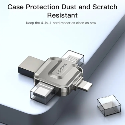 Yesido 4 in1USB Flash Drive with OTG Function  1720 - Material: zinc alloy 2. Interface: USB+Type-C+Micro USB+8 Pin 3. Read and write speed: USB3.0 interface reads 110MB/S, writes 30MB/S 4. Four-in-one interface, more convenient storage 5. Adopt high-performance quality control chip to save file transfer time 6. Hanging ring design, more convenient to carry 7. Plug and play, convenient and fast 10. Support mobile phone OTG function 
 More Details About 128/256Gb Yesido : 
 Alloy: Made of zinc alloy, the adapter is durable and not easy to deform. it has a long service life. 
 Excellent fitting: No need to install any tools, just plug( Yesido) and play. the adapter can be easily installed in a few seconds. 
 Unique design: This usb c adapter is designed with a compact and lightweight design, which can be easily carried around. it fits perfectly into your pocket or backpack without taking up too much space. 
 The usb thumb drive supports Videos / Music / File / Photo,you can stream directly from the flash drive, and shooting picture, saving you precious space and time. Enabling you to play movies stored on the flash drive directly from the drive. 
 With External back up storage, 4 in 1 flash drive(For iphone,micro-usb,TypeC,USB 3.0), you can free up your phone or other device instantly and keep more memory