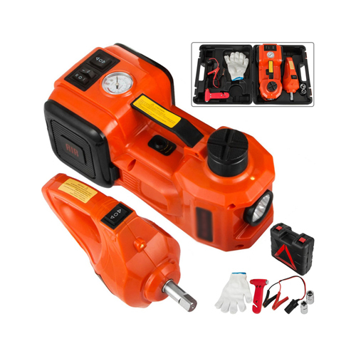 Electric Hydraulic Jack 6 Ton with Tire Inflator Pump and Electric Wrench, DC 12V 7740 - Work with 12V vehicle power outlet, 6.0T(11023lb) jack capacity.Super low pressure rod, set for the sports car.Double motor driver inside, work independently. 
 2. Lift the car in less than a minute by the jack, change a tire quickly, perfect tire jack.Non-slip cross groove design. Freely adjustable height. 
 3. The design of the jack is succinct and easy to operate with compact and organized storage box.New appearance design, It looks like a car. Enjoy yourself. 
 4. Jack, pump and LED Flashlight can meet multiple demands.Matching with the relevant complete small tools, like safety hammer, gloves.With BMC packing, easy to carry.Engineering ABS shell to make it stronger 
 5. The structure is stable and secure. Machine will stop working when it lifts beyond the height limit. More widen aluminum plate to make it stable. More hidden heat dissipation mouth to prevent water splashing.