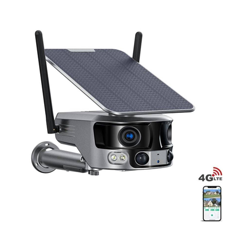 CRONY Y6 4G-4K-8MP-4X 180 Wide Angle Solar Battery Camera with 6W Solar Panel - Our camera only uses 4G SIM card and does not support connecting to 3G/GSM/home WiFi. No need for network LAN cable, no need to set up wifi,no need to connect power wires. The camera is mainly used in an environment without a network, without power supply, but with a SIM cardmobile signal, and in a sunny place. You need to put the SIM card into the camera and connect to the network through the SIM card. The solar camera does not support connecting to the router to access the Internet. It supports mobile apps, iOS and Android systems 4K/8MP WIFI panoramic solar powered battery camera; 2. Dual lens 180 ultra wide Angle monitoring ¼ 3. WIFI 2.4GH or 4G SIM Card 4. 6 watt solar panel with 2m extension cord,built-in 18000mAh batteries,solar panels support integrated installation and separate installation 5. Two-way voice intercom 6. Cloud storage and TF card storage maximum 128G ¼ Optional purchase ¼ 7. Support Android, IOS APP remote viewing/playback (APP:NiView) 8.PIR + humanoid detection wake-up video recording and message push 9. 24 hours recording, 24 hours + trigger recording, trigger recording three working modes 10.Dual light source design, night vision full color distance of 20 meters, night vision infrared distance of 40 meters 11.2pcs 2.8mm lenses spliced to super wide angle viewing, 4x digital zoom and dual channel preview to achieve a panoramic and detailed view. 12.Support humanoid detection, humanoid automatic tracking, 13. Waterproof grade IP66 180 Ultra Wide Angle Panoramic Image Angle of view of the binocular splice camera reaches 180 in the horizontal direction, which is super wide, and the image is not deformed. Binocular Splicing Screen : Not deform , Distorionless, Seamless connection 
 CRONY Y6 4G-4K-8MP-4X 180 Wide Angle Solar Battery Camera with 6W Solar Panel