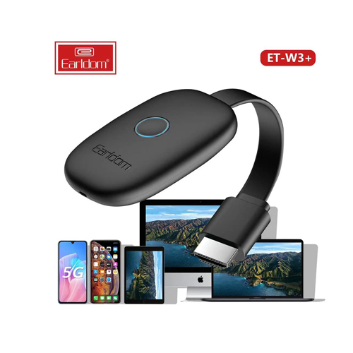 Earldom W3 Wireless Display Dongle 4k – Black 1041 - Connecting images, sound from the phone, computer, iPad to the TV screen, projector without cables, but through the Wifi system with an anti-tangle, anti-breakage, safe cover, supporting full HD quality image transmission for clear images and There is a real Reset button on the body, a Micro USB port for power supply