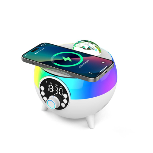 LED Alarm Clock Smart Table Lamp, Atmosphere Lamp with 15W Wireless Charger,  Speaker RGB 2310 - 【15W Wireless Charging】The desk lamp is equipped with 15W wireless charging, making charging your phone easier. Just place your phone in the charging position, which is convenient and easy to use. Note: Only mobile phones with wireless charging function are supported.【RGB Color Changing Light】This LED bedside lamp features different light color modes. Short press the light button to switch between different light modes and adjust the light to suit your lighting needs in each scene. Create a warm, comfortable and relaxing atmosphere.【Smart Alarm Clock】Our ambient light is a lamp that also has functions such as music, sleep light, ambient light, clock, alarm clock, etc. Can be used in a variety of scenarios to bring convenience to your life. You can use this multifunctional bedside lamp while working, studying, or sleeping.【Wireless Speaker】This LED desk lamp plays your favorite music and features a 360° sound output. Let you calm down, relax and immerse yourself in it. It supports four modes of wireless, AUX, USB disk and TF card. The LED bedside with speaker light allows you to enjoy music anytime and anywhere.【Perfect Gift】A table lamp that integrates ambient lighting, alarm clock, audio and wireless charging, suitable for bedside, bedroom, living room, parties and home decoration. This smart desk lamp is the perfect gift for room decoration, birthdays, and more.