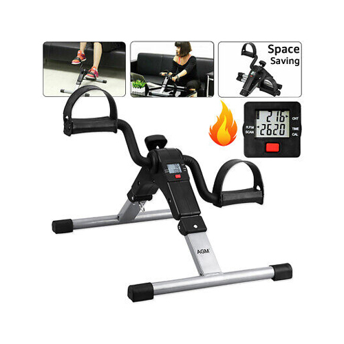 Folding Pedal Exerciser, Mini Exercise Bike Under Desk Bike Foot Pedal Exerciser 1052 - Metal + Plastic + ABS Imported 【Arm & Leg Mini Exercise Bike】AGM pedal exerciser can be used for arms and legs exercises to improve muscle strength, joint range of motion and coordination. You can use it on table top as an arm exerciser or placed on the floor to your legs exerciser while sitting. 【Foldable Design】The folding pedal exerciser is easy to assemble and fold for storage, this compact and portable desk pedal exerciser can be fitted under a desk or similar space, perfect for exercising in office or at home! 【Safe & Non-Slip】Comfortable non-slip floor bike pedals straps keep your feet fixed and ensure the stability. The adjustable foot straps are flexible to accommodate users of different sizes to meet different requirements. 【Adjustable Workout Intensity】Easily adjust the resistance level with the tension knob to meet your needs. This sitting bike peddler is a great choice for beginners and perfect for elderly exercise. 【Multifunctional LCD Display】AGM hand foot pedal exerciser attaches LCD screen display, data like RPM, time, speed, distance and calories burned are easily to get while using.