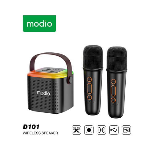 Wireless Bluetooth-Compatible Speaker With Double Microphone Portable Karaoke Machine D101 - *Stereo: Large horns+bass diaphragm, small steel-cannons makes sound 360 °, stereoscopic shock bass. 
 *Wide Range: New large-diameter pointing microphone cores, the sound dynamics of a wider range of vocals more delicate and outstanding. 
 *Portable: The karaoke machine speaker is portable design, designed for outdoor use，easy to carry outside. 
 *Wireless microphone: Equipped with wireless microphone, you can easily enjoy karaoke with Bluetooths. 
 Size: 14.5*11*15cm 
 Bluetooth-version: 5.0 
 Output power: 2.3.5W 
 Speaker: 10W single speaker 
 Charging current: DC 5V1A 
 Signal-to-noise ratio: ≥90dB 
 Adjustment method: button adjustment 
 Frequency response: 120Hz-20KHz 
 Playing-time: about 8-10 hours 
 File format: support MP3 
 Speaker size: 85*85*80mm 
 External audios source: 3.5mm audios input 
 Battery capacity: 2500mAh