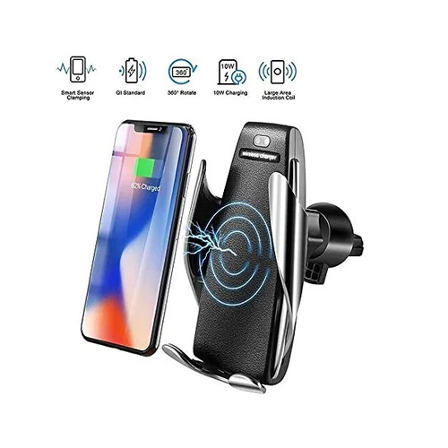 Smart Sensor Car Mobile Holder Cum Wireless Charger S5 - This product in black colour , output power: 10W, 7.5, 5W automatic identification, charging power: 110k-205k Hz , sensing distance:0-8mm, support QC wieless fast charging equipment, such as iphone8, iphonex, iphone8 plus, Samsung S6, s6edge, s7, s7edge , s8 ,s8+ ,s9+ .You just connect the vehicle's wireless charging device to the appropriate data cable when using it. Connect the USB port of the data cable to the charging interface on the car. The device clip clips the air outlet and can also be placed elsewhere. After the device is powered on 5V-9V DC power supply , it will automatically check the tension and the blue indicator light will be on. when the object is close to the device , the automatic induction will open the arms and put the phone into the phone, the device will automatically clamp the phone. At the point, wireless charging will automatically charge the phone, charging green light. when you remove the phones you need to touch the back of the shell at the top of the sensing point , when the hand touches the sensing point position, the device automatically open doubled arm, remove the phone.