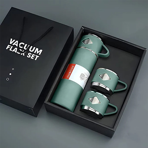 Vacuum Flask set with 2 Cups 500 ML 2420 - 500ML Stainless Steel Water Bottle With Gift Box Coffee Tumbler Vacuum Flask Tea Mug Set Portable Business Travel Thermos Tumbler with thermal double wall keeps your drink hot for 6 hours and cold for 12 hours. Tight Leak proof technology and ergonomic design gives ideal solution to take your drink. Lid opens with easy and simple pressure. Easy to carry Tea, Coffee, Hot chocolates, Shakes and Milk etc. 500 ml Stainless Steel Vacuum Insulated Double Wall Water Bottle with 2 Cups. Idle for carrying both hot and cold beverages. Our stainless steel water bottle is very suitable for daily use and can be taken with you, Such as Biking,Beach,Camping,Travel,School or company, Put the portable hot drink cup in the side pocket of your backpack or as a daily companion to help you stay healthy BEAUTIFUL GIFT: The product comes in a very attractive packaging, elegant gift product for your friends, mom, dad or love ones