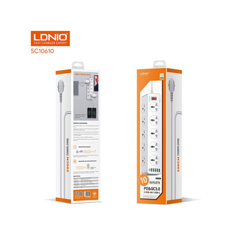 LDNIO SC10610 Power Socket with 10 Socket Outlets & 6 USB Charging Port 0045 - Features*30W high power, Charge fast for tablets and phones which support PD3.0 and QC3.0 fast charging protocol. *Output: 2500W, suitable for: any size of household appliances and mobile devices. *2M heavy-duty power cord can flow optimal power to connected devices.Simultaneously helps to protect multiple-electronic devices while accommodating large adapters. *US/EU/UK different plugs to meet different requirement. *Protect up to 16 devices against spikes, fluctuations, and electromagnetic interference.