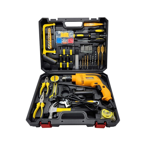 ELIX GULF - INTIMAX DRILL SET 0902 220-230V 1200watt - The Intimex hammer drill set is one of the sets that meets most of the needs of its users. This set of tools is very suitable for semi-industrial, commercial and domestic use. The hammer drill in this set has a powerful 1200W motor, the free rotation speed of this drill ranges from 0-3000 RPM, and the diameter of the three systems of this drill ranges from 1.5 to 13 mm. Its unique features include speed (dim) control with thumb pressure, maximum drilling force in 13mm metal, 13mm material and 30mm wood, and a 360 degree assist handle. This kit includes all consumer tools including; French wrench, pliers, pliers, hammer, one box size 4 to 13, 3 mm, large size double and four-sided screwdriver, pointed screwdriver, iron drill size 4, 5, 6, wall drill size 5, 6, 4, paper puncher Size 16 and 20, 9 screwdriver bits, screwdriver tip conversion