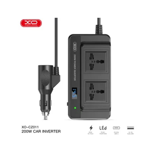 XO CZ011 200W Car converter 7823 - MODEL : CZ011Continuous output power of 200W. Frequency set at 50Hz+2Hz for stable power. AC output voltage designed for optimal performance. Compact size for easy portability.Corrective Wave Output: Ensures smooth power delivery. Multiple USB Outputs: Charge multiple devices simultaneously. TYPE-C Output: Fast charging for compatible devices. LED Pilot Lamp: Green indicates normal AC output, flashing lights signal malfunctions. Sturdy Build: Made of durable ABS in a sleek black finish