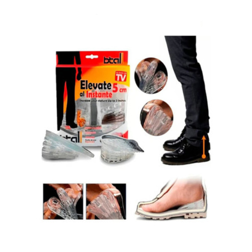 ELEVATE TALL 5CM IN AN INSTANT 9434 - Elevate 5CM in an instant / 2 layer height increase shoes sole3 Sets: Elevate 5cm in an instantSet includes: 5 pairs of insoles that can be put one on top of the otherMade of flexible gel for maximum comfort - and for up to 5 cm more height!Anti-slip designExtra boost for your ego on meetings, conferences, and dating!! Confidence means keeping your head up, and nothing keeps it higher than being tall. Coming up short on dates or interviews? Don't worry: This will give you a lift. Go ahead; take a stand. The idea of height insoles originated in Asia where they are a phenomenon. Millions of people across the world are wearing these adjustable 5cm Increase Shoes Sole today, right now. Celebrities are also known to use this product as well as working professionals who know their height can have a substantial effect on their career aspirations and respect. People often find themselves asking the question, 'how can I grow taller, what is the secret to growing taller or how can I grow taller?' This height increase insole provides the exact product you need - making you taller.Approx 1.7 INCHES in height and fits most style.Unlimited extra confidence.Comfortable all dayMaterial: Silicone Plastic