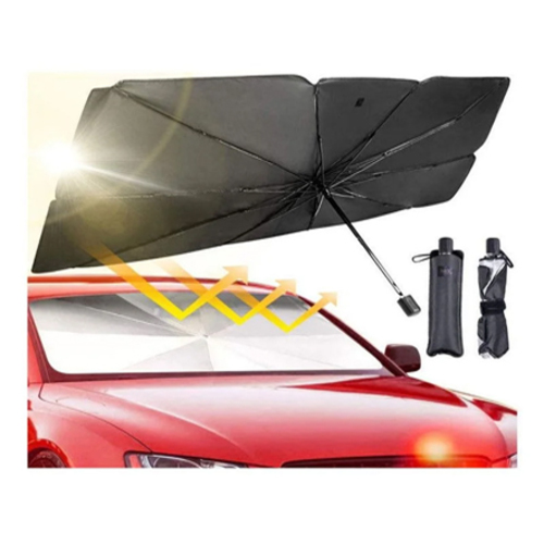 Foldable car sun umbrella 2412 - a description Effectively blocks heat, not only reflects sunlight perfectly but also prevents the dashboard and upholstery from fading and cracking. It greatly enables you to achieve better shading effect and keep your car interior cool and comfortable. Made of high hardness steel, this car umbrella is heatproof, UV block and reliable for long service use. 
 to set 
 Foldable design Heat insulation, block UV rays, reliable to use for long service Easy to store - Foldable design, comes with a leather storage bag, can be placed in the car door, central control, glove box Fits most cars It can achieve maximum coverage for your car Color: black/silver Size: 70 * 140 cm Weight: 430 grams