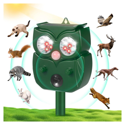 Solar Powered Animal Repeller with 5 Adjustment Modes 9450 - 【Motion Activated】Motion Sensor sensitively detects moving objects. Equipped with Powerful Two-color On/Off LED Flashing Lights and Optional Audible Alarm—LED flashing lights upgrade to 14 strong flashes (8 white bright flashes + 6 red bright flashes) with condenser cup make it more effective to drive away the most aggressive animals which may adapt and become immune to a certain frequency of sound wave.【Portable & Easy use】You can simply push the animal repeller into the ground or hang it on a wall. Perfect for yard, patio, driveways, garage, attics, porches, boats, gardens, farms, ponds, etc. Even it is portable to take into your camping to be away from stray dogs, stray cats and pests harassment.【Solar Powered & Waterproof】The repeller can be directly charged by solar energy in the sun equipped with solar panel on top of the device. Equipped with Advanced Lithium Battery—Instead of old-fashioned 3*AA Ni-MH batteries, 1pcs 3.7V 2000mAh Lithium rechargeable battery (included) performance is enhanced much on lifetime, charging efficiency and power supply stability.【Humane & Eco-Friendly】 No traps, no dead animals, and chemical free. Adjustable frequency and optional LED flashing and audible alarm allow you to drive out any animals, or repel them at the same time.