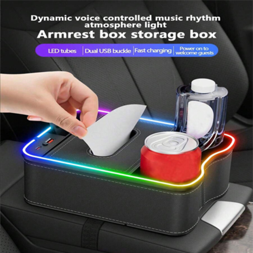 High Quality Car Center Storage Box with Colorful Atmosphere Light 7756 - High Quality Car Center Storage Box with Colorful Atmosphere Light, Charging Port, Tissue Box, Interior Accessories Holder - 1pc