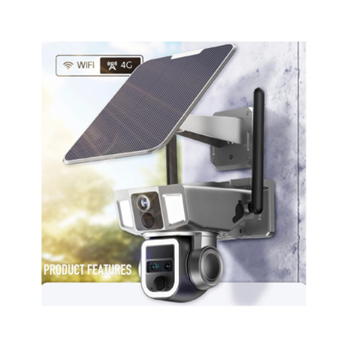 Solar Triple-Lens Linkage Camera 0106 - Full HD 2MP+2MP video quality,Dual cameras monitoring.• 6W solar charge panel. • Built-in MIC and Speaker,support two-way talk. • Pan:355° Tilt:90° Zoom: 10X Continuous Zoom • Support TF card and cloud storage. • Built-in 4pcs 18650 12000mAh rechargeable batteries in Camera • Support Android/IOS remote view. • Equipped with flood light and siren alarm. • Support multiple installation modes:integrated/separated wall and ceiling mounted •4G version:LTD FDD WCDMA (The frequency bands refers to the parameters of each version)