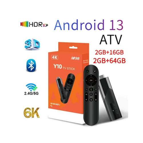 M98 Y10 Smart TV Stick Android 13 0108 - [Android 13]Latest Android 13 TV Box Adopting the latest Android 13.0 operation interface, compared with Android 11, it has better compatibility with software and games, more spiritual interface, better applicability, and more stable system!
[Powerful Chip H618]The Android 13 TV Box is powered by the H618 chip. Focused on maximizing processing efficiency, it boasts fast processing speeds, bringing users ultra-fast operation and professional image processing capabilities, ensuring an ultra-perfect product experience for your use.
[2GB+16GB]The smart box is the most popular storage configuration on the market today.2GB RAM ensures smoothness of the Android box operating system, avoiding lags and delays in launching apps and games.16GB meets the video playback media and apps you want to download without worrying about running out of space.

CPU: Allwinner H618 64 bit quad core ARM Cortex A53 CPU
GPU: G31 MP2 GPU processor
RAM:DDR 2GB
ROM:16GB eMMC
WIFI:HDR ,VP9 and 6K @ 30fps 2.4G 5G BT5.0
TF CARD:TF CARD/Support 4GB/8GB/16GB/32GB/64GB
: /4K * 2K UHD output, 2.1
OTG:OTA Upgrade Support
USB PORT: USB 2.0/SD/DC/OTG/HD
Optics: Digital audio output
Operating system: Android 13
IR: IR Receiver/Remote Receiver Connect
Power: Micro-USB 5V/1.5A, LED Indicator, Working: Blue; Standby: Network
Different batches may have different appearance, which does not affect use.
Colour:Black
Material:ABS

Package Contents:
1x TV stick
1x remote control
1x USB cable
1x cable

Only the above package content, other products are not included.
Note: Light reflection and different displays may cause the color of the item in the picture a little different from the real thing. The measurement allowed error is +/- 1-3cm.