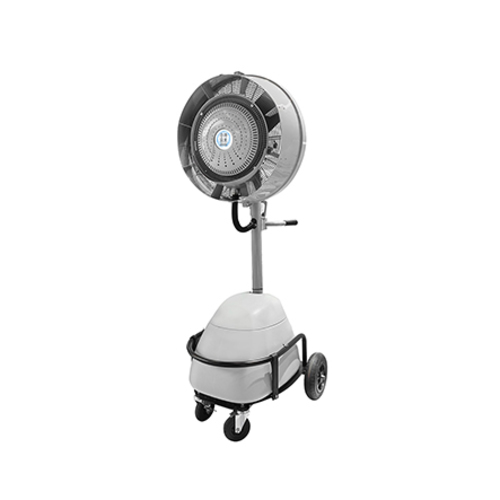 Misting Fan MFS-24L from DETON 9467 - ●The mobile unit with wheels can be easily moved around various hot pots. The front wheels can be locked when the unit is properly positioned. 
 ●With the included water tank, the mobile unit can run continuous mist at maximum volume for three (4) hours without needing to be refilled. 
 ●The wall unit is specially designed for water supply, when the water level in the tank drops to a fixed level, it will be supplied automatically. 
 ●The units are specially designed with an adjustable level to change the amount of water mist delivery. This customer-favorite feature allows it to work in different environments. 
 ●The entire unit operates like a fan with low noise level from air delivery. Unlike a traditional high-pressure pump system, it produces a high-pitched and sometimes humming sound. 
 ●The fan can oscillate between 0° and 90° and the tilt angle is adjustable between ±15. 
 ●Each fan motor is connected with overheat protection and is of low temperature rise design for long-term operation. 
 ●Centrifugal atomization, no nozzle, no need for water filter.