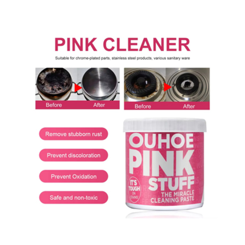 Powerful Stainless Steel Cleaning Paste pink stuff 9431 - 1. Remove stubborn rust: Rust remover easily removes the most stubborn rust from all metal and chrome surfaces! 
 2. No damage: The paste does not contain ammonia water or other irritating substances, which can be deeply cleaned and derusted without damaging the surface of the exhaust pipe. 
 3. Prevent discoloration: maintain a long-lasting luster without harming uncoated metal surfaces. 
 4. Prevent oxidation: Derusting of automobile exhaust removes atomization, oxidation, rust and fine particles on the metal surface. Suitable for chrome, magnesium, aluminum, stainless steel clips and other metal surfaces to restore luster and prevent rust. 
 5. Wide range of applications: professionally used in households, automobiles, bicycles, manufacturing plants and other fields. It is suitable for chrome-plated parts, stainless steel products and various sanitary wares. 
 6. Safe and non-toxic, no need to wear protective gloves or masks when using. 
 Specification: 100g Shelf life: 3 years Suitable for: used in households, cars, bicycles, manufacturing plants Application: Anti-rust lubricant Storage method: store in a cool place 
 Product List: Rust remover*1