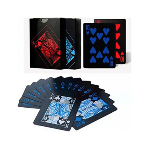 Deck of Waterproof Playing Cards 9456 - The play cards are made of flexible plastic PVC with perfect looking, which is waterproof, durable and eco-friendly. Because of the material, it is not easy to be worn-out. The size of each card is 63mm*88mm； There are 2 deck of poker cards, each one is including 54 piece of playing cards in giftbox; The front side with clear font and pattern design, which is not easy to be fade as printing well, and the back side is full black, it seems high end. Due to the feature of 100% waterproof, if the cards become dirty or have any stain on the surface, you can put the cards into the water directly and clean them, then the cards will look like the new one, bright and clear, so it is very convenient. The poker cards with flexible characteristic, and the thickness is only 0.3MM, it is so easy to shuffle these cards compared with the normal cards, so you can enjoy your games with your friends comfortably. Deck of Waterproof Poker Cards and Playing Cards with Flexible Plastic PVC and Classic Trick CardsMade of flexible plastic PVC with perfect looking, which is waterproof and durable. 100% waterproof, if the cards become dirty or have any stain on the surface, you can put the cards into the water directly and clean them, then the cards will look like the new one, bright and clear, so it is very convenient. With flexible characteristic, and the thickness is only 0.3MM, it is so easy to shuffle these cards compared with the normal cards. 2 deck of poker cards, each one is including 54 piece of playing cards in giftbox; The front side with clear font and pattern design, which is not easy to be fade as printing well.Waterproof Poker CardsThese cards are 100% waterproof, just feel free to clean them with water if there are any smudges on the surface of card, which means you can clean it as bright as new even though used it for long time.Flexible playing cardsThe poker cards with flexible characteristic, and the thickness is only 0.3MM. So it is not easy to be worn-out and shuffling them easily when playing.MAGICRED and BLUEGood game for entertainment