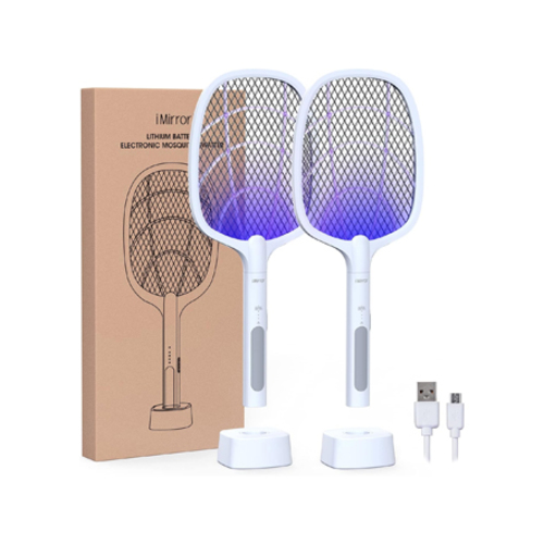 2425 2in1Rechargeable Electric Fly Swatter - LARGER 1800 mAHBATTERY (Typical) - Plug into any USB charger to charge this battery operated fly swatter quickly and efficiently, most convenient product, don't neet to change the battery. Compared with the standard capacity battery of 1200mAH, our bug zapper swatter battery can last longer.BUILT-IN MOSQUITO LAMP - Just put it on the base and turn it on, Mosquitoes will fly to it and be killed! According to the mosquito habits, use purple light beads that can release 395mm mosquito habit wavelength, and diamond innenet with strong light transmission, can zap mosquitoes effectively.SAFE TO TOUCH - Outer nickel plated stainless steel mesh and inner layer aluminum mesh design will not leak electricity and is resistant to deformation. Also without any risk to Kids or the environment.EASY TO USE - This mosquito zapper racket is easy to clean after use it. The Mosquito body will not be caught inside.