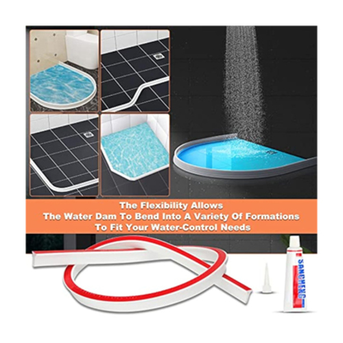 Silicone shower water blocker 9422 - Effective Water Containment: The primary function of a shower water dam is to contain water within the shower area. It acts as a reliable barrier, ensuring that water remains inside the shower, thereby preventing slippery and hazardous wet floors. This practical feature enhances your showering experience while minimizing the need for extensive cleanup.Wet and Dry Separation: Shower water barrier can be used anywhere water needs to be wet and dry separated, such as showers, tubs, washers, kitchens, and stoves. Set a perfect barrier to prevent water from overflowing. This water dam/barrier stands as a reliable protector for maintaining the integrity of bathroom, and kitchen environments.Strong Adhesive: The strong adhesive backing on our shower dam ensures a secure and long-lasting attachment to your shower door or screen. You won't have to worry about it coming loose or needing constant reinstallation. It stays in place, providing reliable water containment every time you shower. Solved a problem - no more puddles on the floor outside the shower!Safe-Flexible Material: Crafted from soft and flexible materials, our shower water barrier seal strip is built to withstand daily use. It doesn't hurt your feet if you step on it. It maintains its shape and sealing capabilities over time, ensuring long-lasting performance. Smooth surface easy to wipe clean.Easy Installation: You can cut your shower door sweep to suit your needs. Peel and Stick to where you want to install, and caulk the edges of the strip seal to ensure its firmness. In just 10 minutes, you can have it installed. However, please note that for optimal results, it's important to allow the sealant to dry for 24 hours after installation.