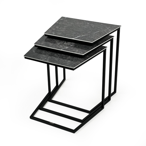 Trapezoid - Dark Grey - Black Metal Table With Italian Ceramic ( Dark Grey ) Top Set Dimensions ( L 52 x W 65 x H 60 ) cm