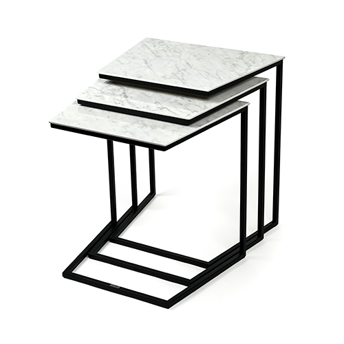 Trapezoid - White & Grey - Black Metal Table With Italian Ceramic ( White Marble with Grey Pattern ) Top Set Dimensions ( L 52 x W 65 x H 60 ) cm