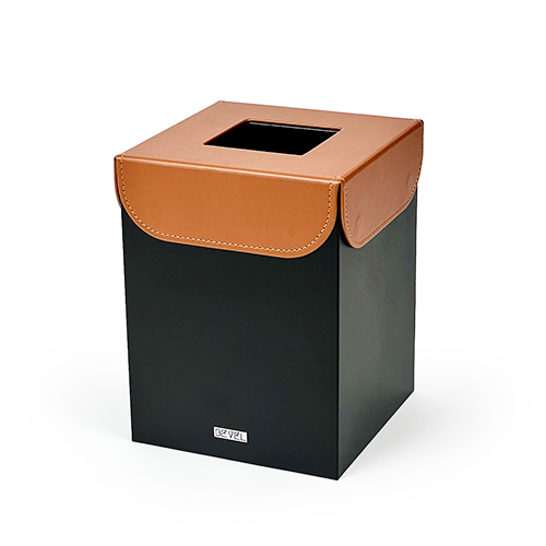 Waste Bin -  Black & Tan - Metal waste bin (Black) with magnetic leather lid (Tan) Dimensions 22 x 22 x 29 (cm) For GCC, select even number of bins to complete the shipping box