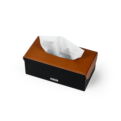 Tissue Box - Black & Tan - Metal tissue box (Black) with magnetic leather lid (Tan)  Dimensions 26 x 14 x 9 (cm)