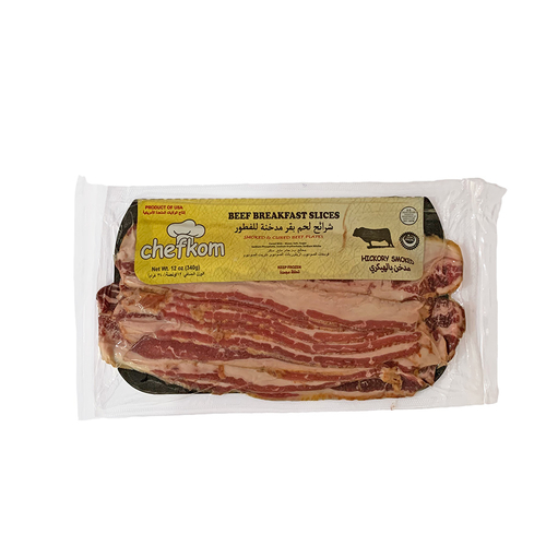 Beef Bacon Hickory Smoked 340g - Frozen Premium Angus Beef Bacon (Hickory Smoked). Package weight 340g. IMPORTED FROM THE USA. 100% Halal.