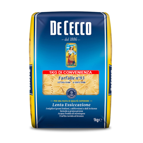 FARFALLE 1kg - Established in 1886, DeCecco remains one of the world's oldest and most beloved premium pasta manufacturers. All DeCecco products are manufactured and imported from ITALY