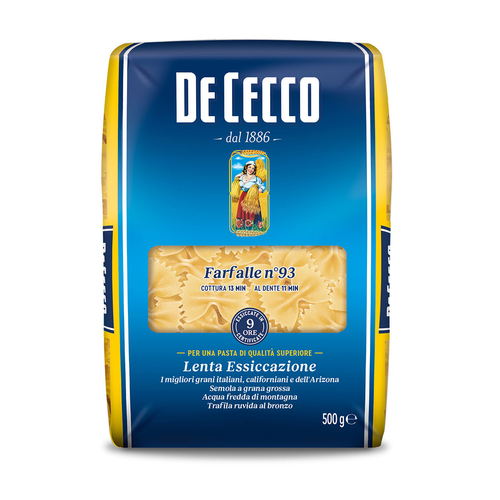 FARFALLE 500g - Established in 1886, DeCecco remains one of the world's oldest and most beloved premium pasta manufacturers. All DeCecco products are manufactured and imported from ITALY