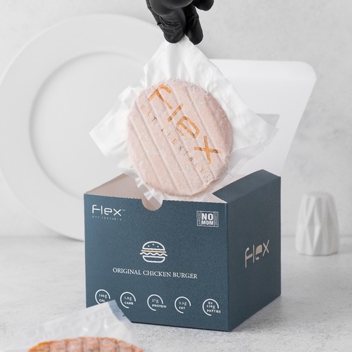 Flex  - Chicken Burger - Frozen Chicken Burger  Nutrition Facts Per 100g 112 cal Total Fat 2.5g Total Carb 1.4g Protein 21g Total Wieght/Box 1040g Total Patties 8 × 130g