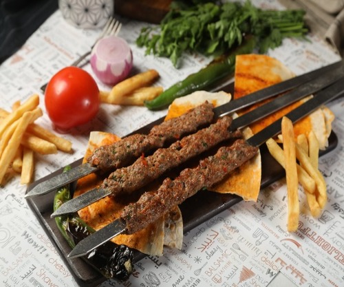 Hatay Meat Kebob Plate - 3 Skewers of Meat Kebob Fries and Oven Turkish Bread