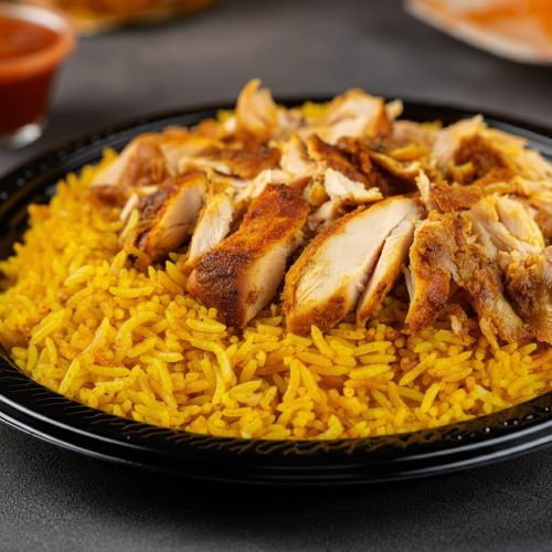 Bazaar Shawarma - The flavour of Kuwaiti spices (bazaar) and golden seasoned rice is topped with Chicken shawarma, giving a luxurious local touch to the dish, Served with Sauce.