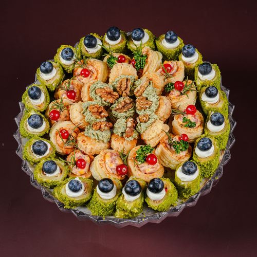 Mille Feuille and Tortilla Tray - 42pcs Tortilla chicken with blueberry Mille feuille with mortadella Mille feuille with mint and zaater and walnut