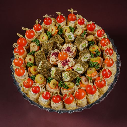 Mini Mowaleh Tray - 50pcs Fillings Tortilla with potato and mint Toast cheddar and lettuce Toast labna with zaater Pizza cheddar mortadella