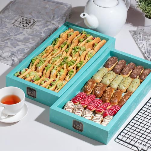 Eclair Package - Fillings Cheddar cheese - labna zaatar - haloum- eggplant- feta cheese
Caramel - pistachio - strawberry - chocolate - vanilla 25 pcs