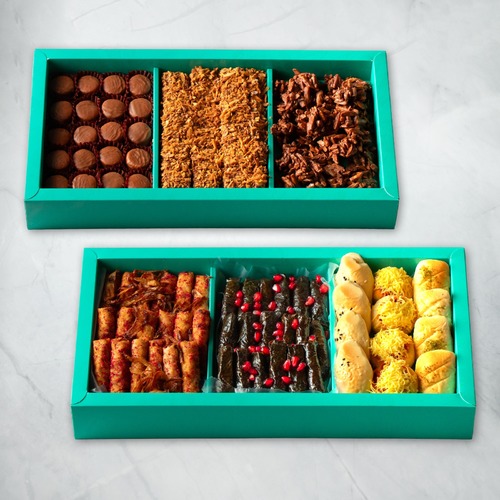 Combo Alkadi - salties 12pcs fatayer 18pcs musakhan 18pcs waraq anab sweets kadi cake almond slices amira chocolate