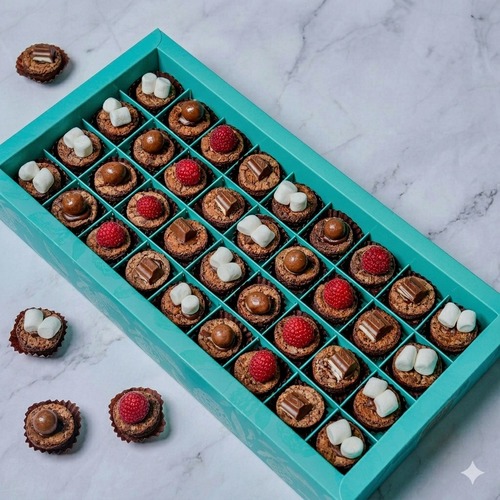 Mini Brownies - 36 Pieces of decadent mini chocolate brownies topped with marshmallow, kinder ,fresh raspberry and&nbsp; Maltesers