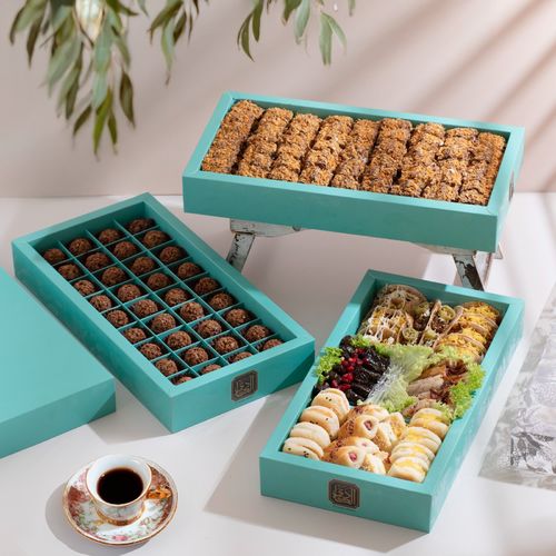 New kadi package - Mixed citrus Box (pies - vine leaves, pomegranate molasses - Musakhan - Taco) 60 pieces

Crispy Chocolate Box 36 Pieces

 Cake topped with coconut and chocolate crispy Box 54 pieces