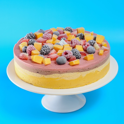 Mix ice cream cake - Vanilla sponge cake with strawberry, mango , chocolate and salted caramel ice cream with fruit pieces