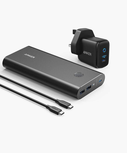 ‏Anker PowerCore+ 26800 PD 45W with PowerPort III Mini Speed Combo - 1 x USB-C & 2 x USB-A Charge Up to 3 Devices SimultaneouslyFast Charging for Laptops, Tablets and PhonesAnker PowerCore+ 26800 PD 45W with PowerPort III Mini Speed Combo, Portable Charger with 30W PD Charger, Power Delivery Power Bank Battery Pack for USB C Laptops, MacBook Air/Pro/Dell XPS/iPad Pro/iPhone 11/Pro/X and More,BlackHuge Charging Power a 45W USB-C port provides enough power to charge a laptop at full speed while two 15W USB ports provide optimized charging to phones Tablets and moreColossal capacity with a massive 26800mAh capacity you can charge an iPhone X 6 times a Galaxy S9 5 and a half times or provide a full charge to a 13-inch MacBook Pro or Dell XPS 13Rapid Recharge Use the included wall charger to recharge your PowerCore in less than 3 and a half hours via the USB-C Power Delivery portWhat You Get PowerCore+ 26800 PD 30W USB-C wall charger USB-C to USB-C cable travel pouch welcome guide.