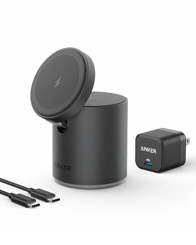 Anker 623 Magnetic Wireless Charger - Anker 623 Magnetic Wireless Charger (MagGo), 2-in-1 Wireless Charging Station with 20W USB-C Charger
 
Supports simultaneous wireless charging of your iPhone 13/12 and earbuds in a single place. Time to get rid of those messy cables! Flex—Your Way: Flip up the phone-charging platform to a maximum range of 60° and attach your iPhone horizontally or vertically for perfect viewing pleasure. Never Feel Weighed Down: Save valuable space with a versatile magnetic charging station that can quickly power up your iPhone and earbuds and is 40% smaller than a soda can. Multi-Functional Base: The non-slip base keeps the charging station in place and prevents sliding when charging. It also features a sleep-friendly LED indicator that shows you the charging status*. What You Get: Anker 623 Magnetic Wireless Charger (MagGo), 20W USB-C charger, 5 ft (1.5 m) USB-C to USB-C charging cable