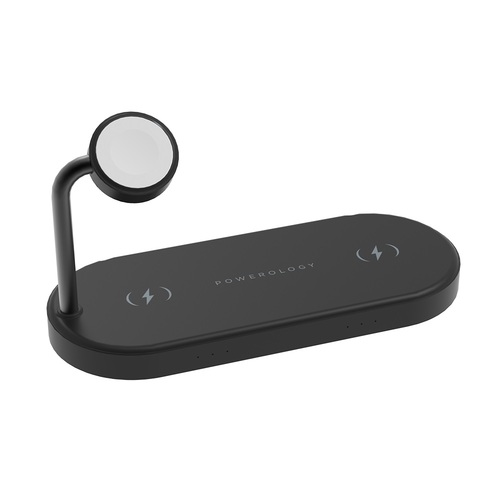 ‏Powerology 4in1 Fast-Wireless Charging Dock - Dual 10W Wireless Charging Pads-24W QC USB-A Output-Licensed Magnetic Apple Watch charger-Compatible with Airpods 1/2/3 and Airpods Pro-60W PD Adapter Included-Type-C power cable Included-49W Total Output